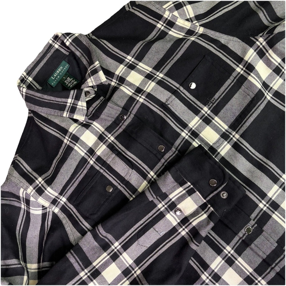 Lauren Ralph Lauren Black Plaid Button Down Shirt Shacket 100% Wool Size Large